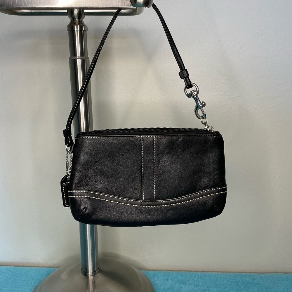 Coach Black Leather Wristlet with cream colored stitching